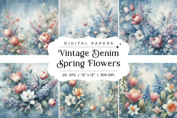 Vintage Denim Spring Flowers Backgrounds: Rustic Design Assets